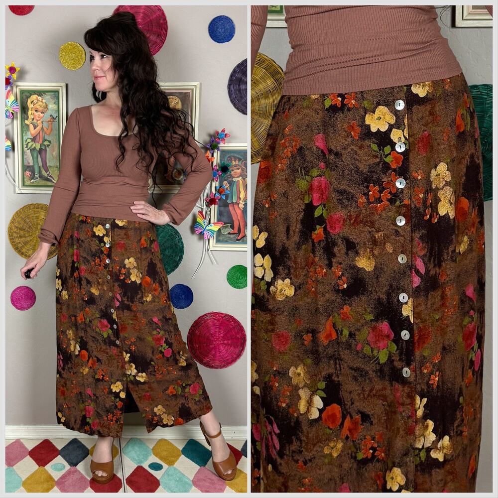 Vintage 1990s Autumnal Floral Button Front Midi Skirt